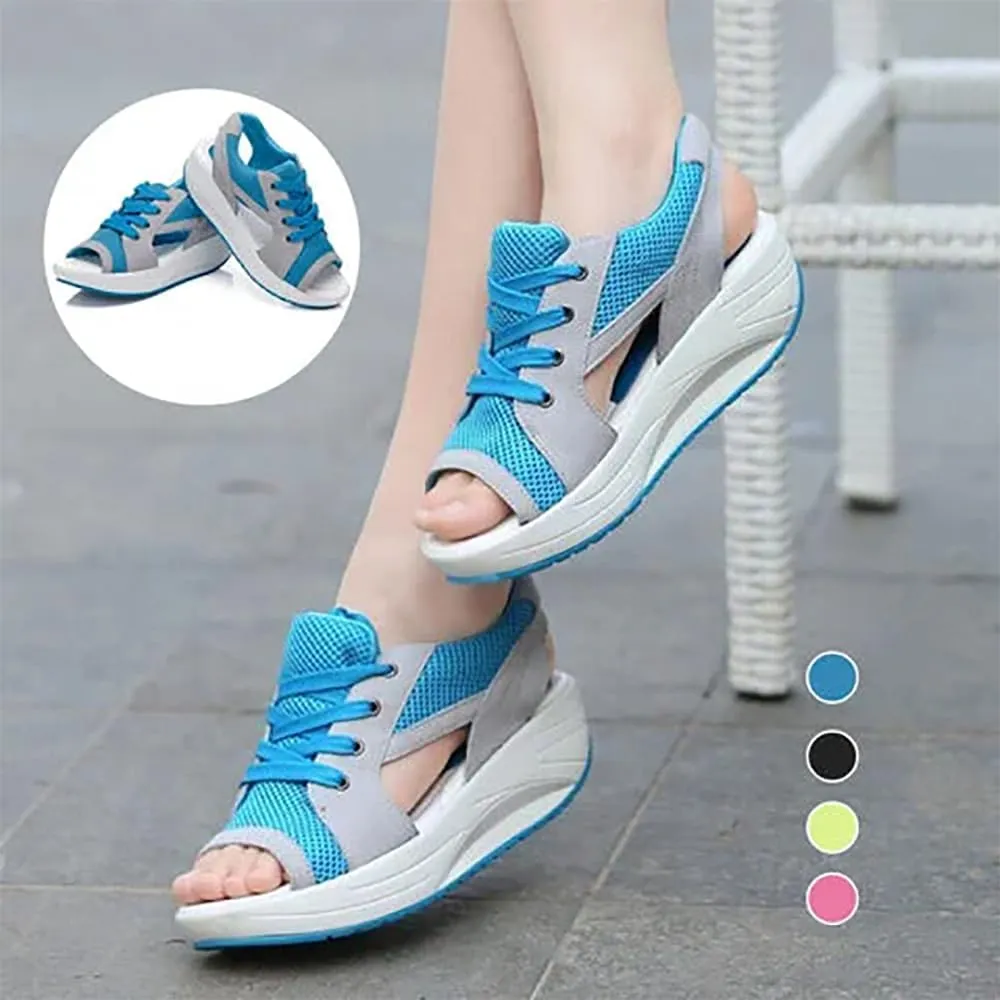 Open Toe Tennis Shoes, Contrast Paneled Cutout Lace-Up Muffin Sandals, Women Causal Summer Toe Platform Sneaker Sandals
