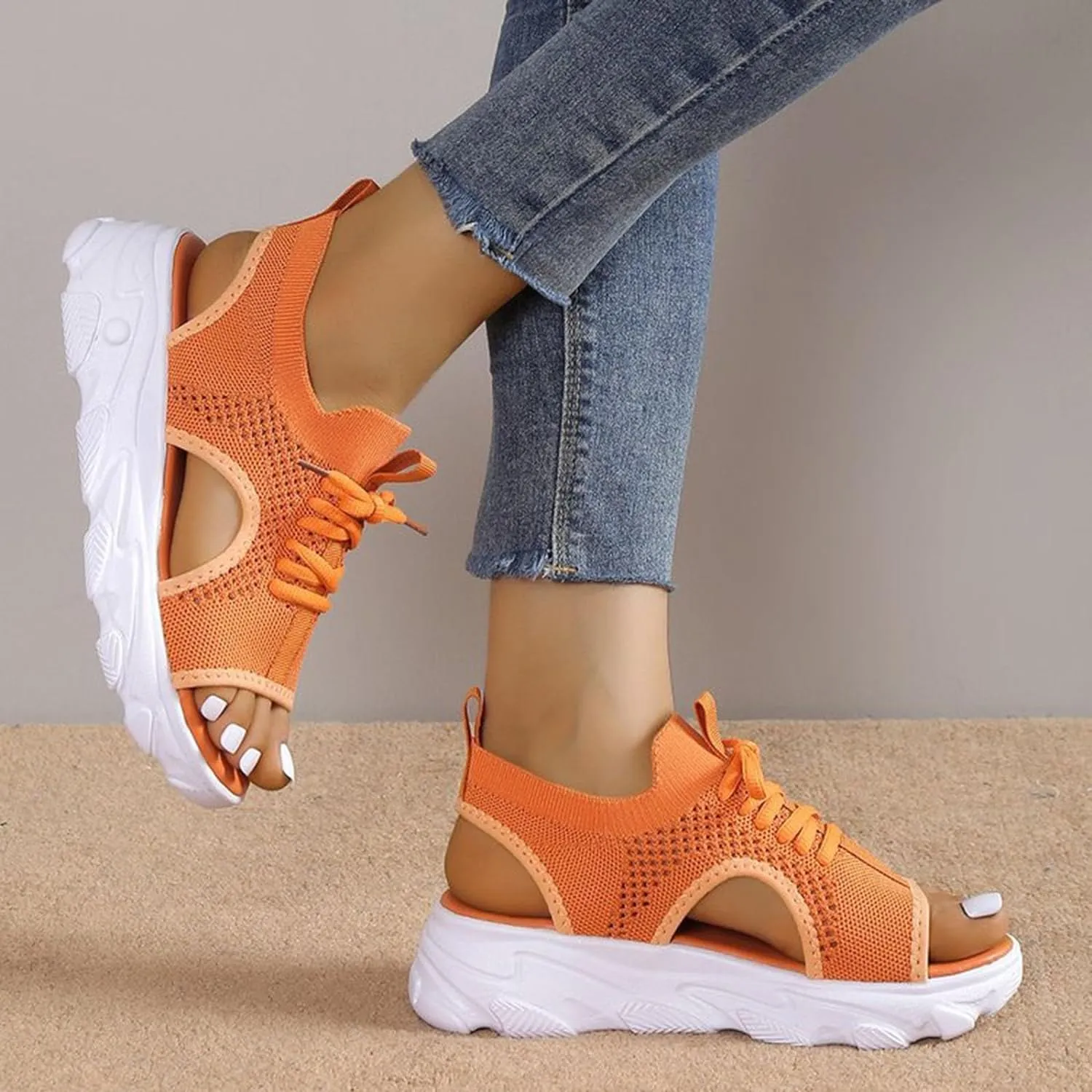 Open Toe Tennis Shoes, Contrast Paneled Cutout Lace-Up Muffin Sandals, Women Causal Summer Toe Platform Sneaker Sandals