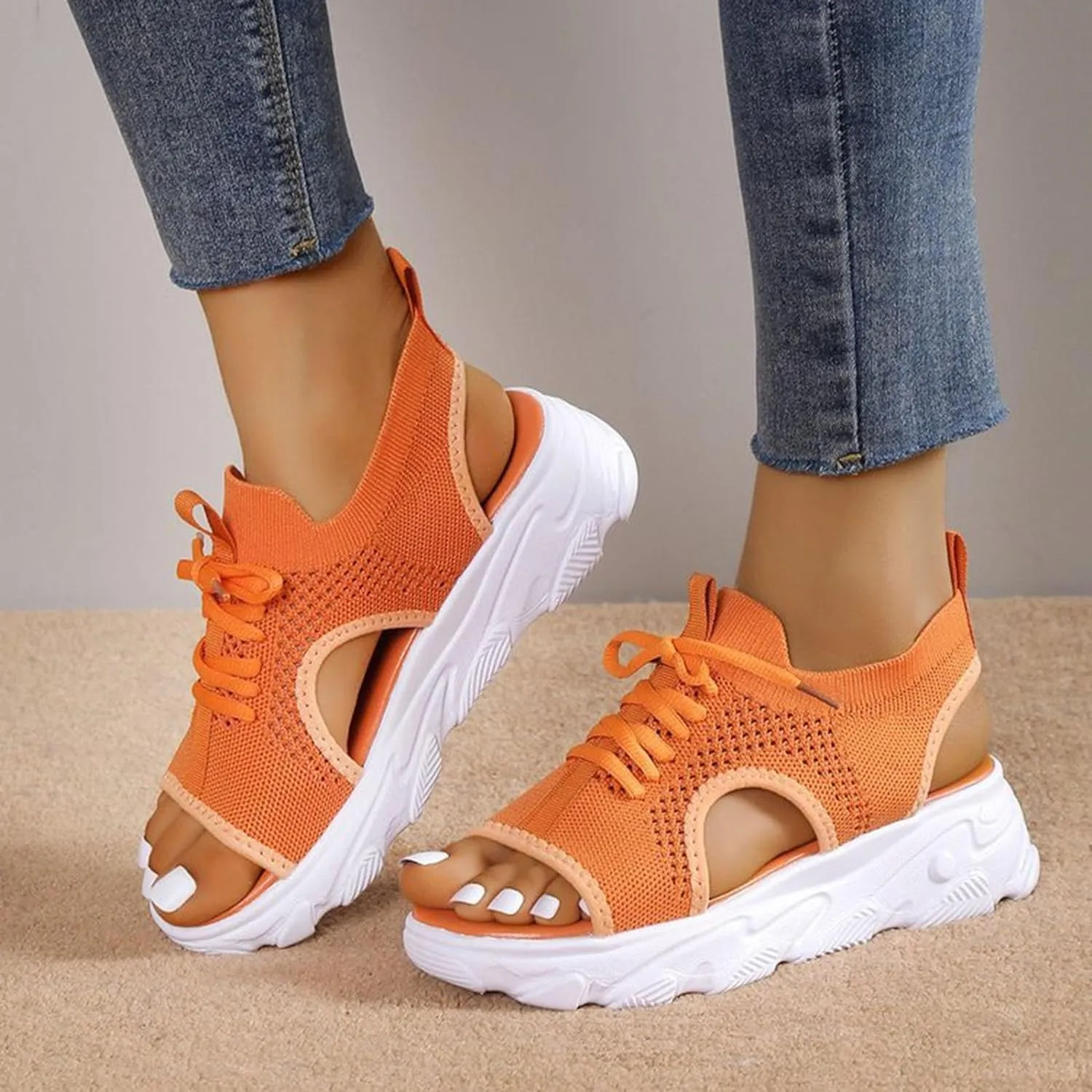 Open Toe Tennis Shoes, Contrast Paneled Cutout Lace-Up Muffin Sandals, Women Causal Summer Toe Platform Sneaker Sandals