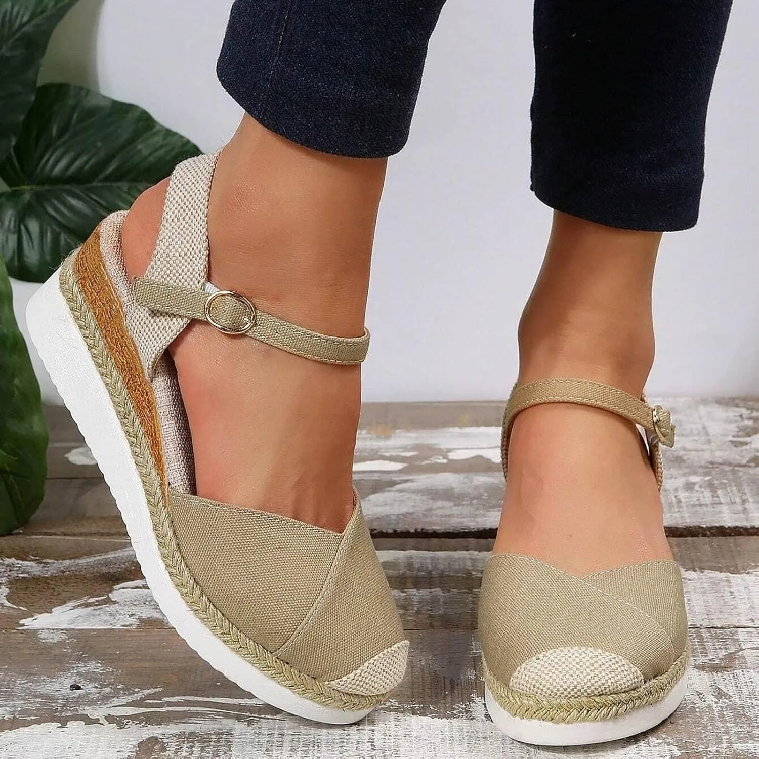 Orthopedic Platform Wedge Sandals for Women Summer Dressy 2023 Flat Open Toe Ankle Strap Espadrilles Sandals Casual Strappy Slip on Sandals Beach Boho Sandals Comfortable Outdoor Shoes (1-Khaki, 9)