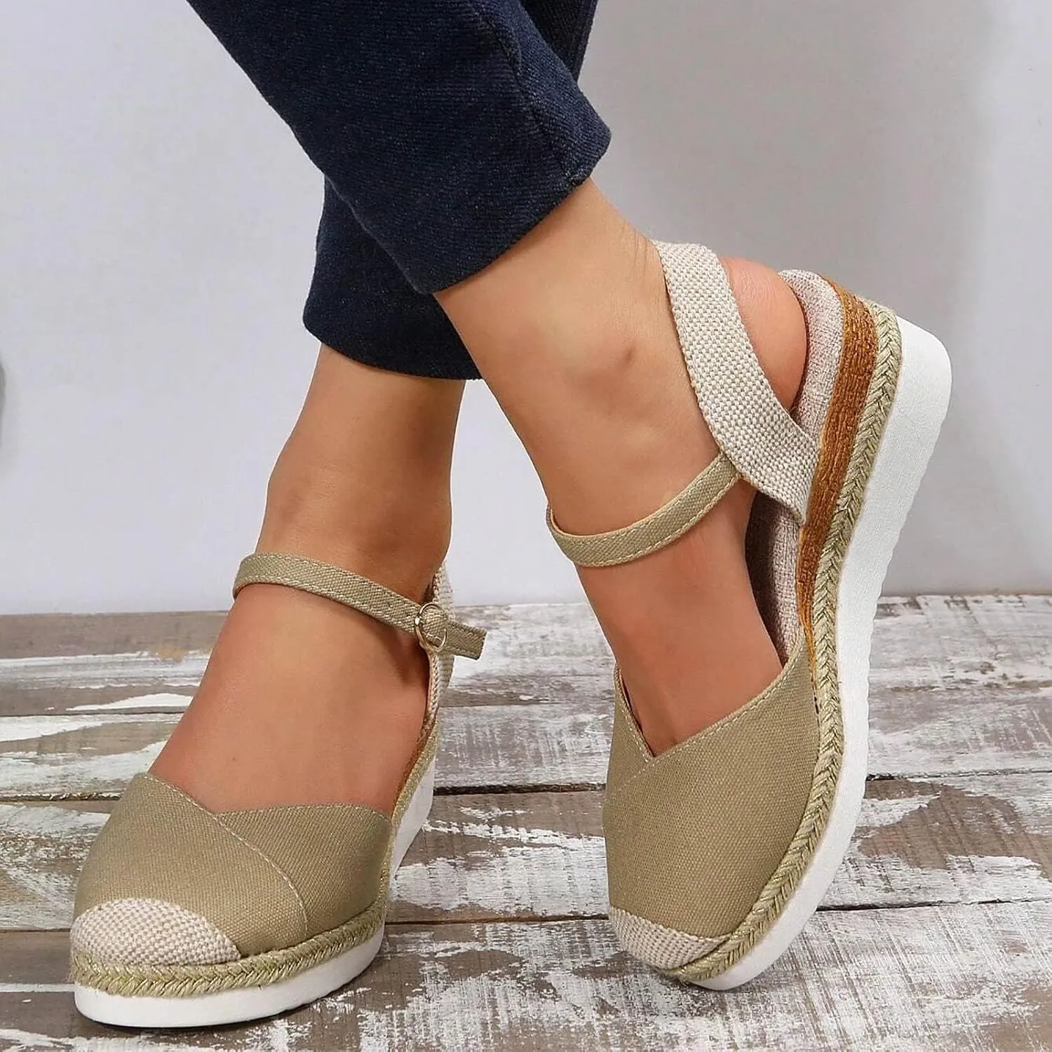 Orthopedic Platform Wedge Sandals for Women Summer Dressy 2023 Flat Open Toe Ankle Strap Espadrilles Sandals Casual Strappy Slip on Sandals Beach Boho Sandals Comfortable Outdoor Shoes (1-Khaki, 9)