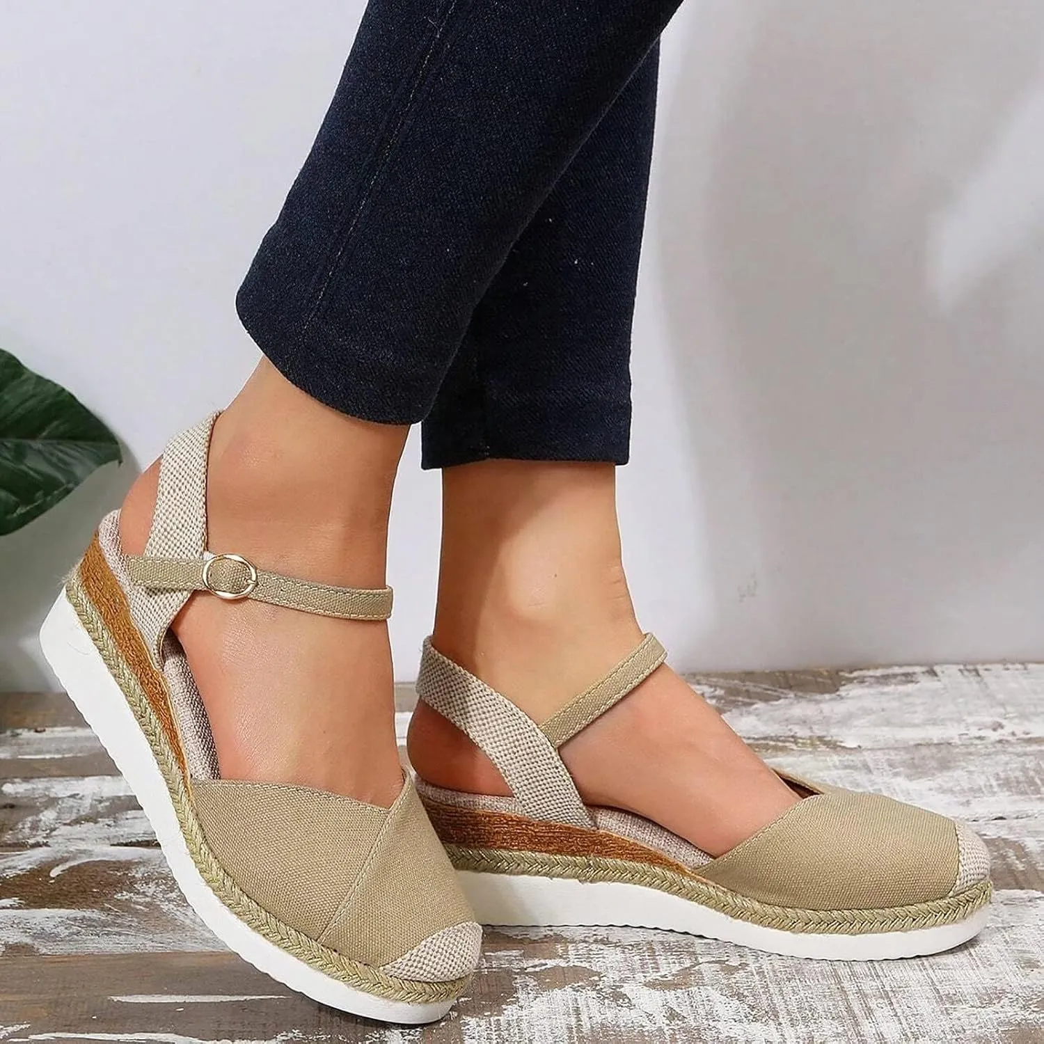 Orthopedic Platform Wedge Sandals for Women Summer Dressy 2023 Flat Open Toe Ankle Strap Espadrilles Sandals Casual Strappy Slip on Sandals Beach Boho Sandals Comfortable Outdoor Shoes (1-Khaki, 9)