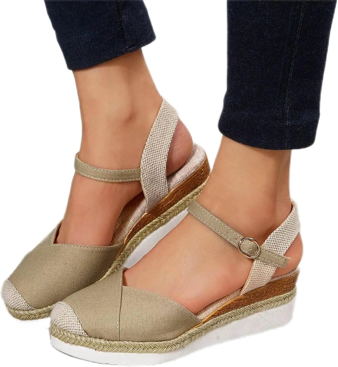 Orthopedic Platform Wedge Sandals for Women Summer Dressy 2023 Flat Open Toe Ankle Strap Espadrilles Sandals Casual Strappy Slip on Sandals Beach Boho Sandals Comfortable Outdoor Shoes (1-Khaki, 9)