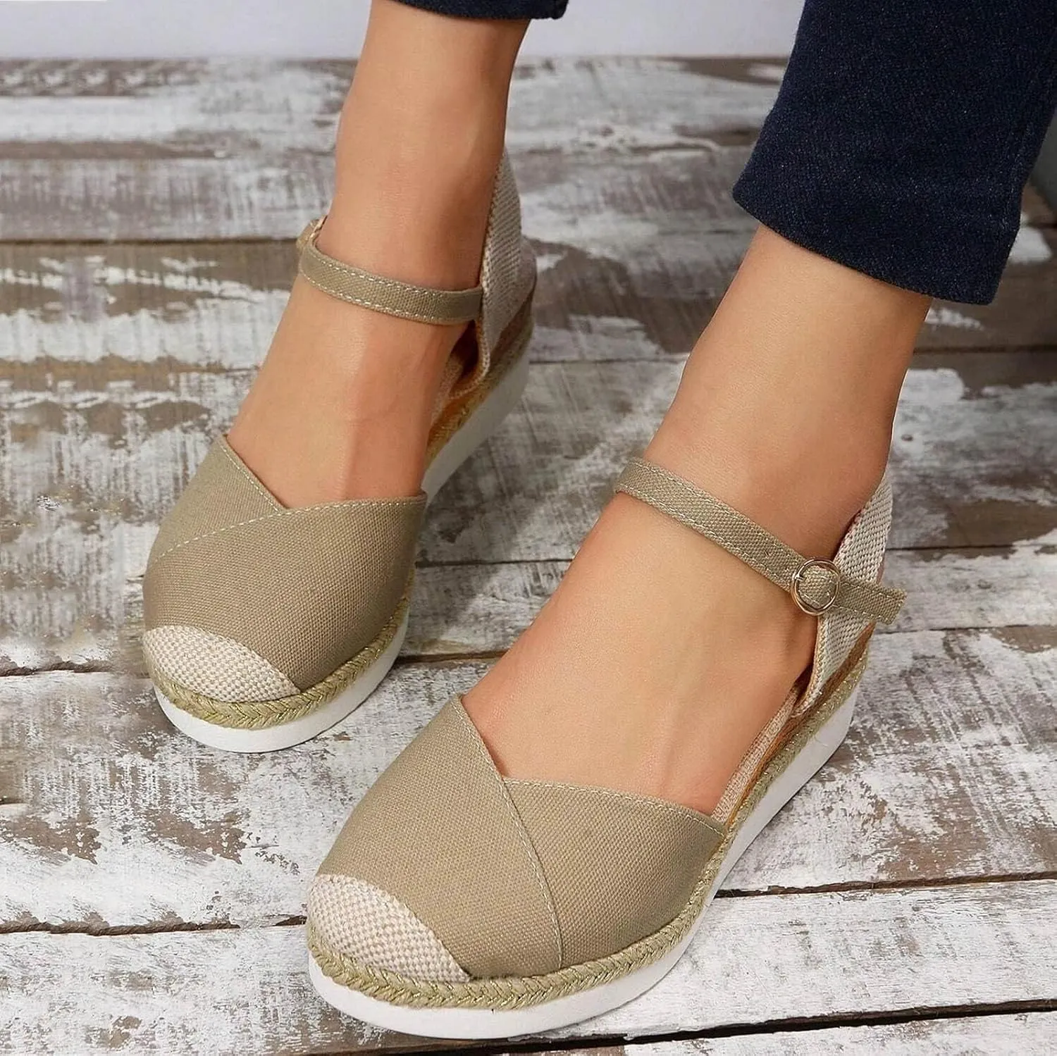 Orthopedic Platform Wedge Sandals for Women Summer Dressy 2023 Flat Open Toe Ankle Strap Espadrilles Sandals Casual Strappy Slip on Sandals Beach Boho Sandals Comfortable Outdoor Shoes (1-Khaki, 9)
