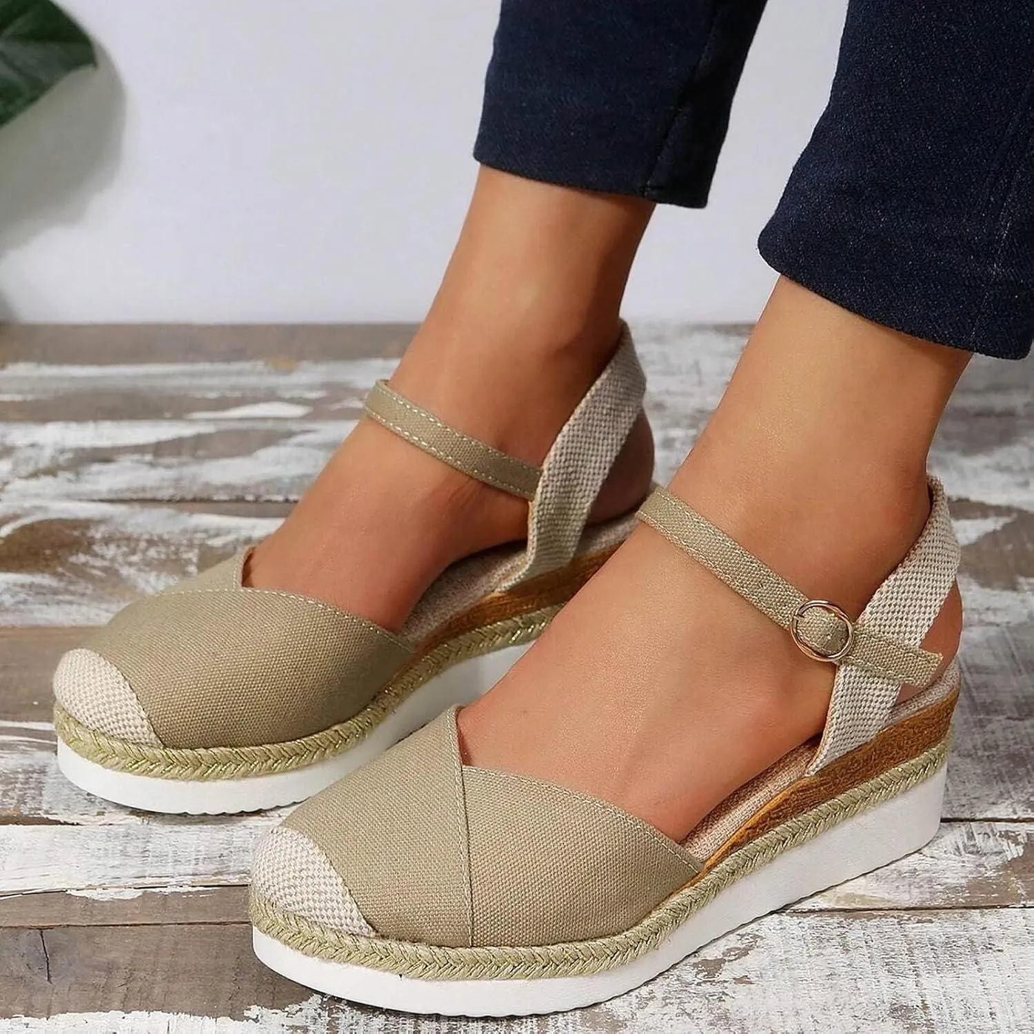 Orthopedic Platform Wedge Sandals for Women Summer Dressy 2023 Flat Open Toe Ankle Strap Espadrilles Sandals Casual Strappy Slip on Sandals Beach Boho Sandals Comfortable Outdoor Shoes (1-Khaki, 9)