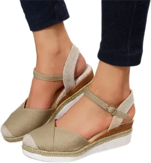 Orthopedic Platform Wedge Sandals for Women Summer Dressy 2023 Flat Open Toe Ankle Strap Espadrilles Sandals Casual Strappy Slip on Sandals Beach Boho Sandals Comfortable Outdoor Shoes (1-Khaki, 9)