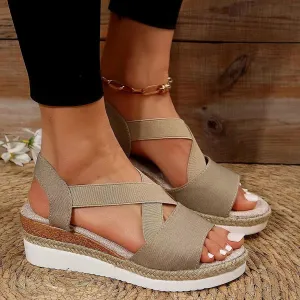Orthopedic Platform Wedge Sandals for Women Summer Dressy 2023 Flat Open Toe Ankle Strap Espadrilles Sandals Casual Strappy Slip on Sandals Beach Boho Sandals Comfortable Outdoor Shoes (2-Khaki, 8)