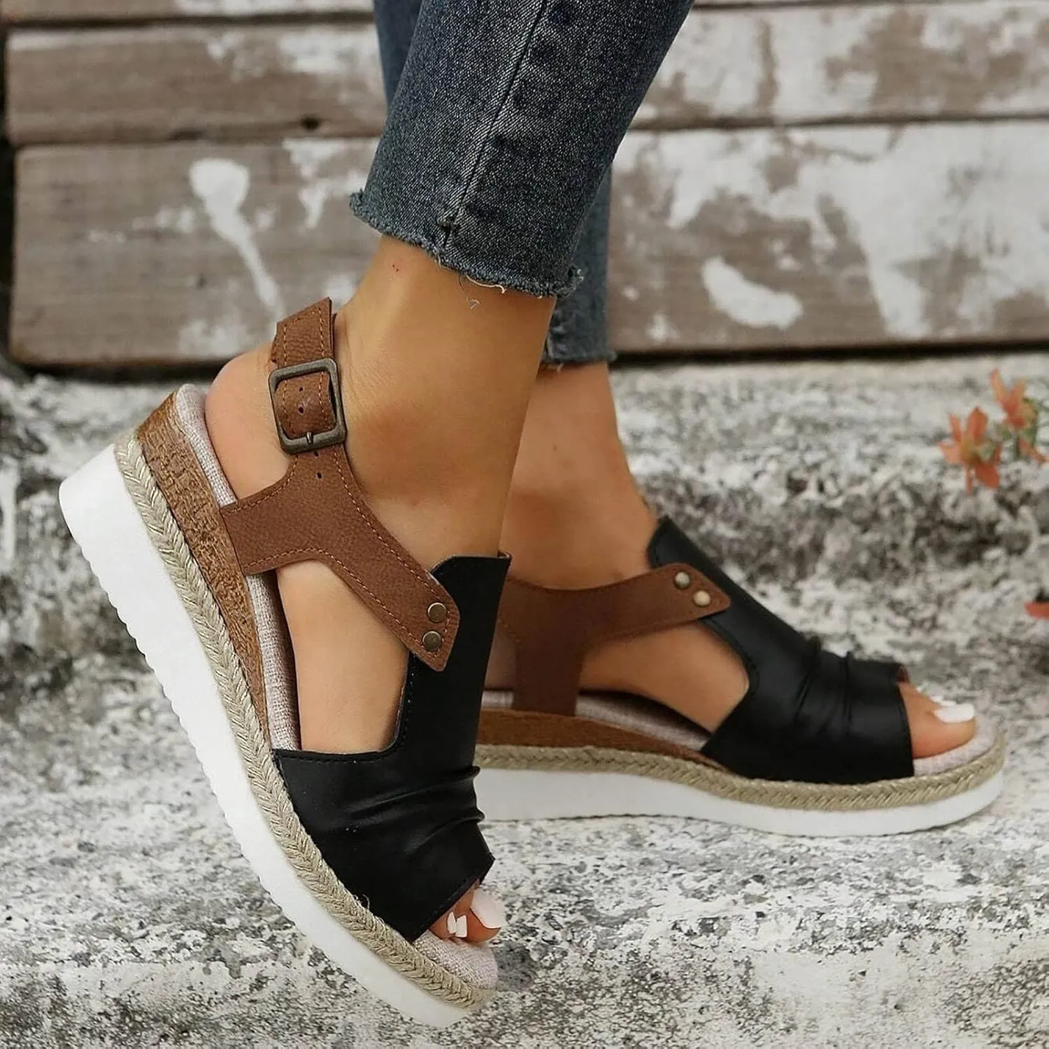 Orthopedic Platform Wedge Sandals for Women Summer Dressy 2023 Flat Open Toe Ankle Strap Espadrilles Sandals Casual Strappy Slip on Sandals Beach Boho Sandals Comfortable Outdoor Shoes (3-Black, 8)