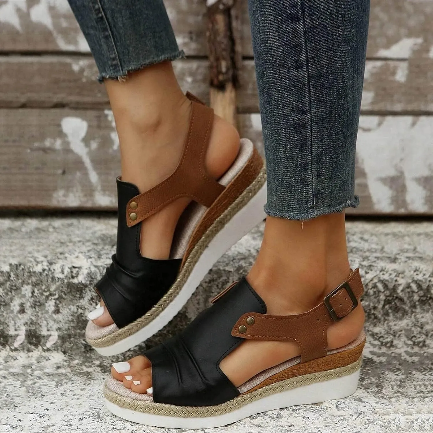 Orthopedic Platform Wedge Sandals for Women Summer Dressy 2023 Flat Open Toe Ankle Strap Espadrilles Sandals Casual Strappy Slip on Sandals Beach Boho Sandals Comfortable Outdoor Shoes (3-Black, 8)
