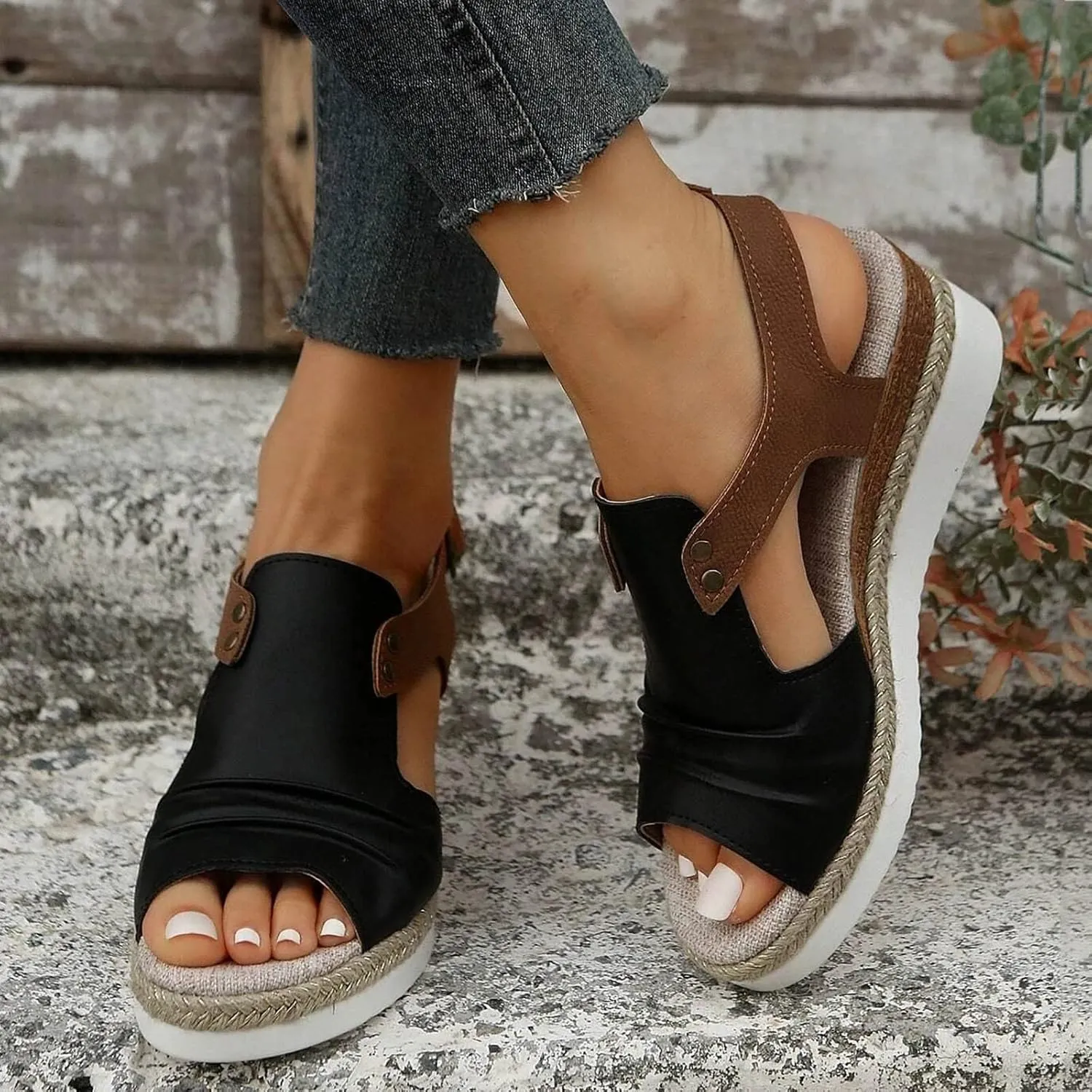 Orthopedic Platform Wedge Sandals for Women Summer Dressy 2023 Flat Open Toe Ankle Strap Espadrilles Sandals Casual Strappy Slip on Sandals Beach Boho Sandals Comfortable Outdoor Shoes (3-Black, 8)