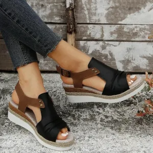 Orthopedic Platform Wedge Sandals for Women Summer Dressy 2023 Flat Open Toe Ankle Strap Espadrilles Sandals Casual Strappy Slip on Sandals Beach Boho Sandals Comfortable Outdoor Shoes (3-Black, 8)