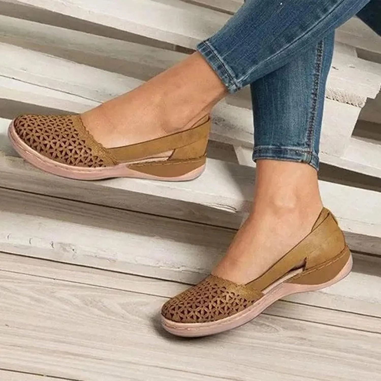 Orthopedic Sandals for Women Fashion Hollow Out Wedge Sandals Summer Comfortable Closed Toe Low Heel Flat Shoes Plus Size Breathable Casual Outdoor Shoes