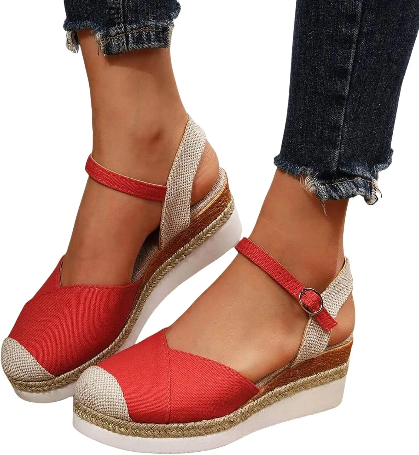 Orthopedic Shoes for Women Closed Toe Platform Heels Sandals Summer Dressy Flats Ankle Strap Espadrilles Wedge Sandal Adjustable Buckle Flat Shoe Boho Beach Slippers Comfortable Walking Outdoor Shoe