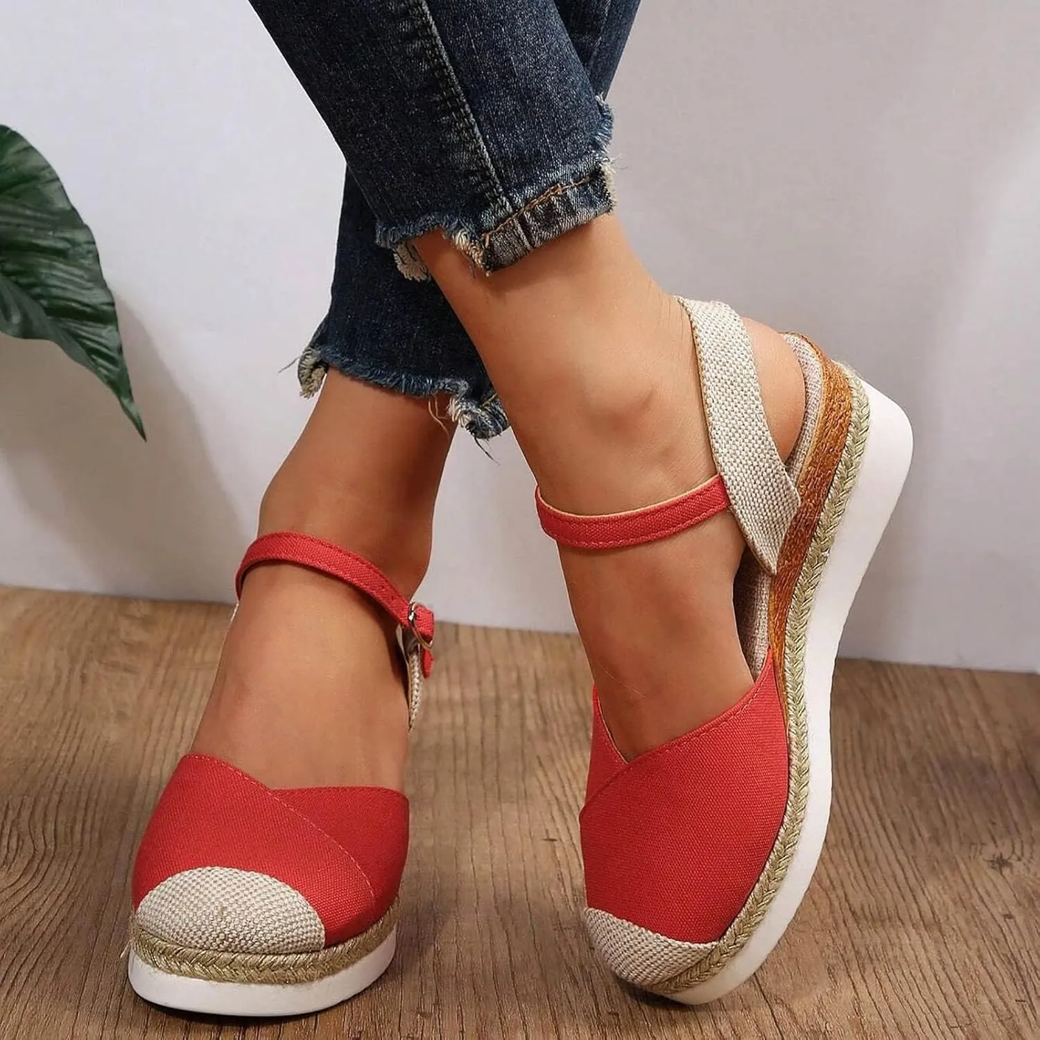 Orthopedic Shoes for Women Closed Toe Platform Heels Sandals Summer Dressy Flats Ankle Strap Espadrilles Wedge Sandal Adjustable Buckle Flat Shoe Boho Beach Slippers Comfortable Walking Outdoor Shoe