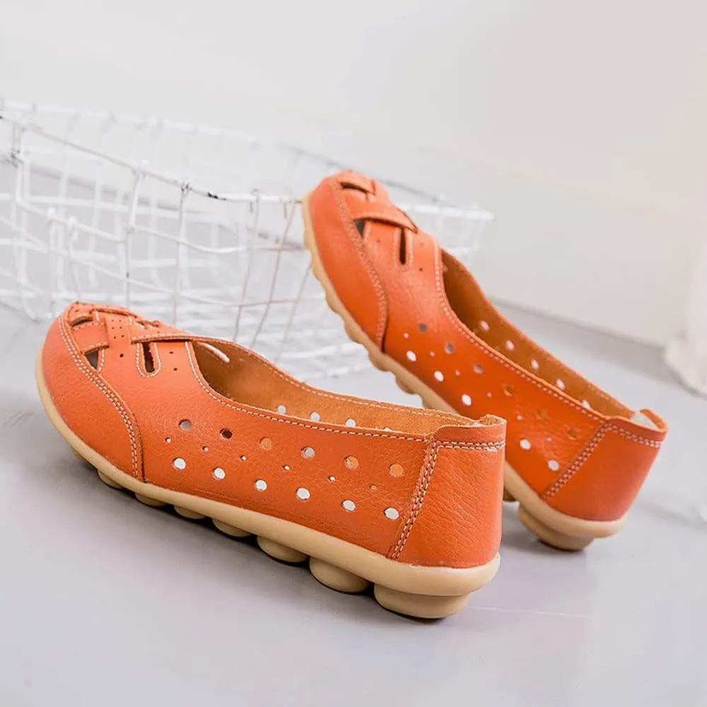 Owlkay Shoes for Women Slip Ons, Casual Orthopedic Loafers for Women, All-Match Hollow Leather Comfortable Practical Daily Flat