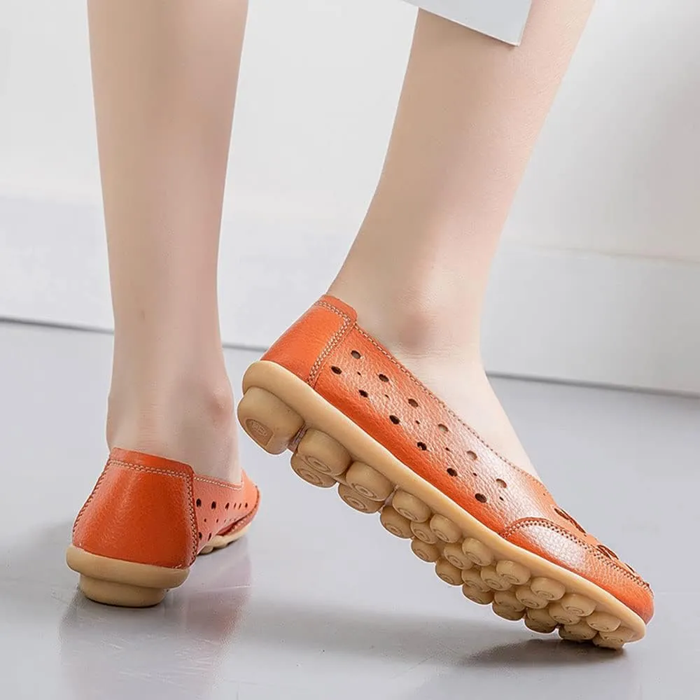 Owlkay Shoes for Women Slip Ons, Casual Orthopedic Loafers for Women, All-Match Hollow Leather Comfortable Practical Daily Flat