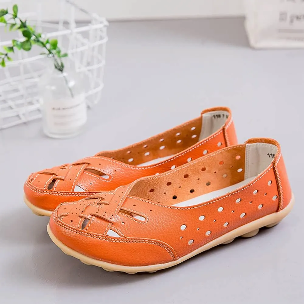 Owlkay Shoes for Women Slip Ons, Casual Orthopedic Loafers for Women, All-Match Hollow Leather Comfortable Practical Daily Flat