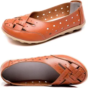 Owlkay Shoes for Women Slip Ons, Casual Orthopedic Loafers for Women, All-Match Hollow Leather Comfortable Practical Daily Flat