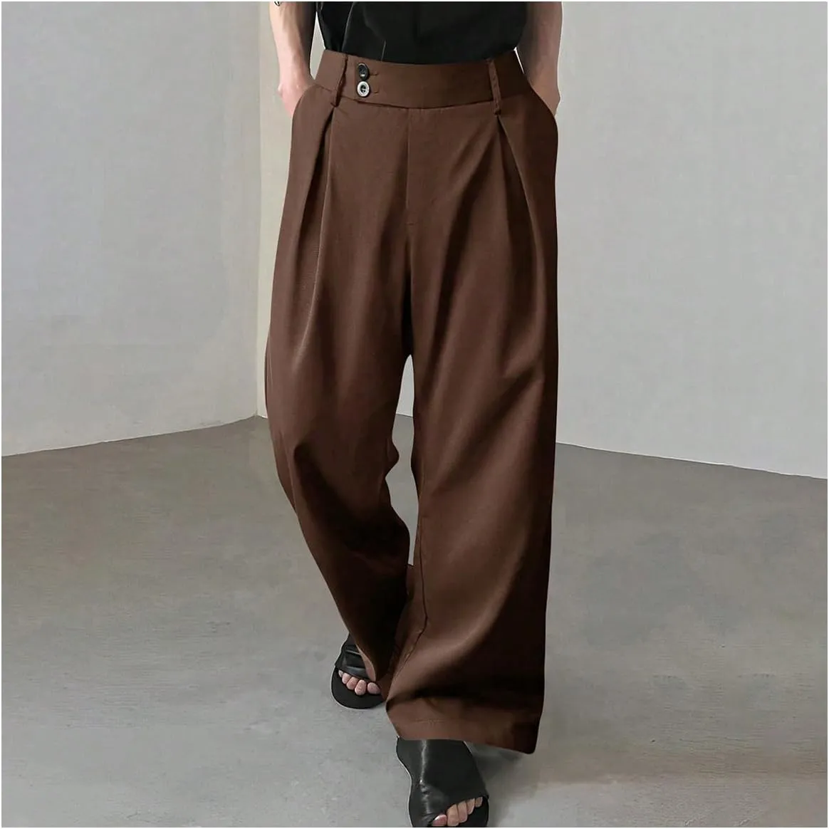 OYOANGLE Men's Pleated High Waist Wide Leg Pants Loose Fit Casual Pants with Pocket