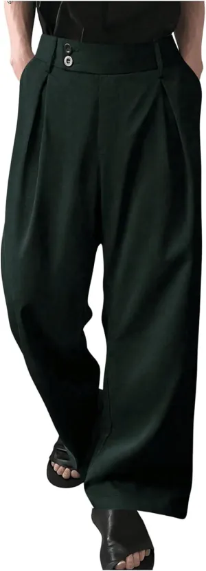 OYOANGLE Men's Pleated High Waist Wide Leg Pants Loose Fit Casual Pants with Pocket