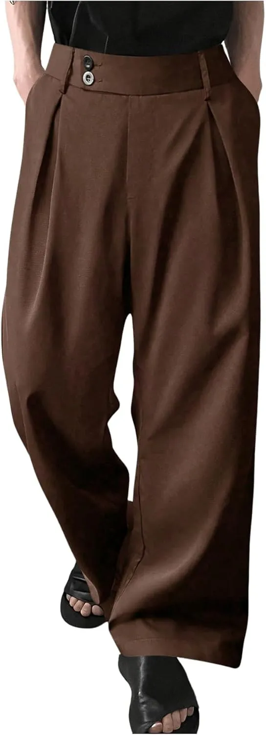 OYOANGLE Men's Pleated High Waist Wide Leg Pants Loose Fit Casual Pants with Pocket
