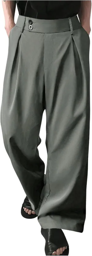 OYOANGLE Men's Pleated High Waist Wide Leg Pants Loose Fit Casual Pants with Pocket