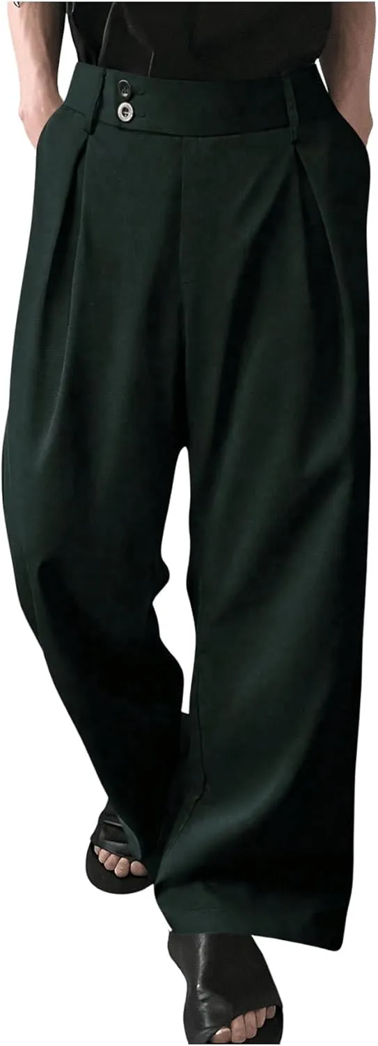 OYOANGLE Men's Pleated High Waist Wide Leg Pants Loose Fit Casual Pants with Pocket