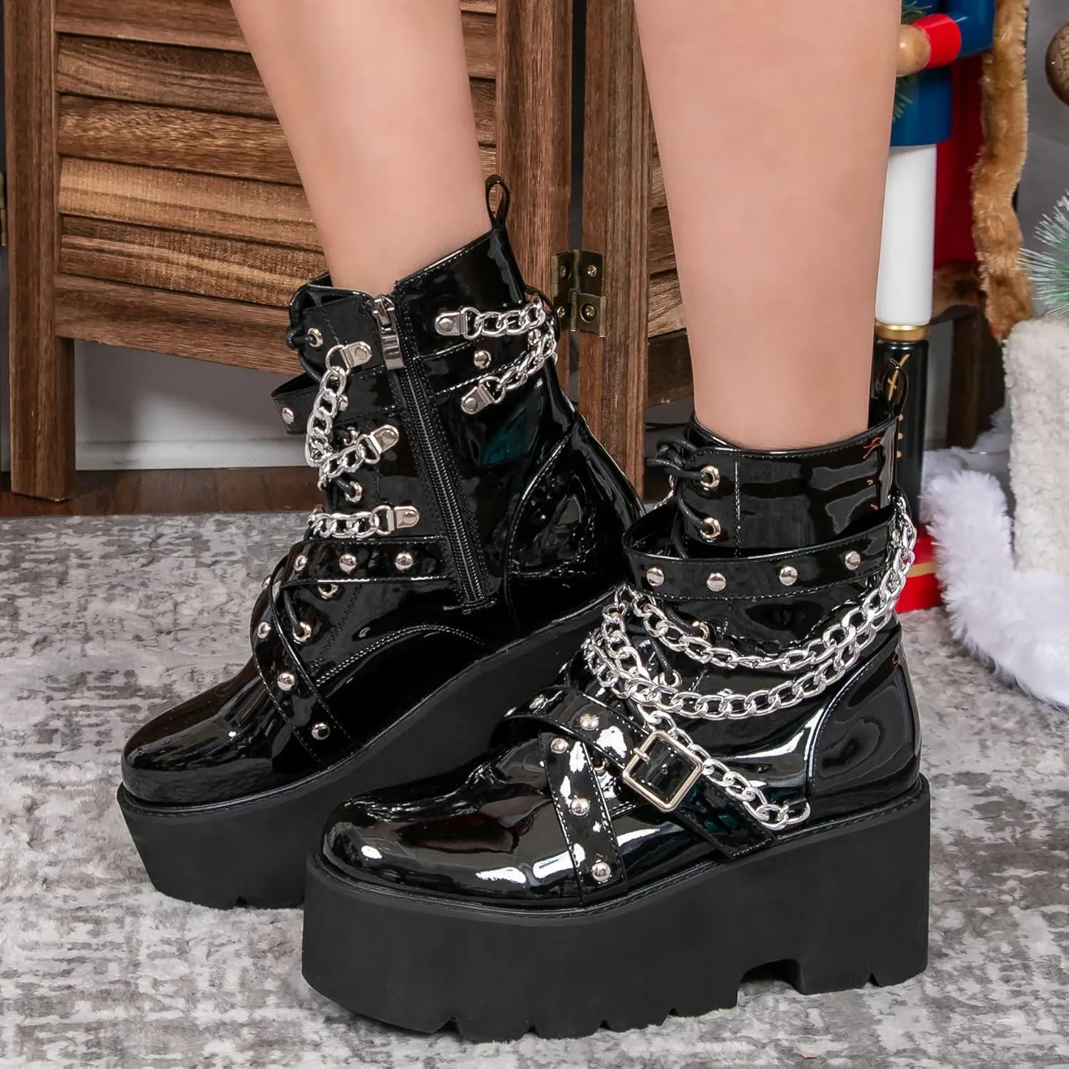 Parisuit Womens Goth Patent Ankle Boots Platform Chunky High Heel Lace Up Combat Boots Punk Short Booties