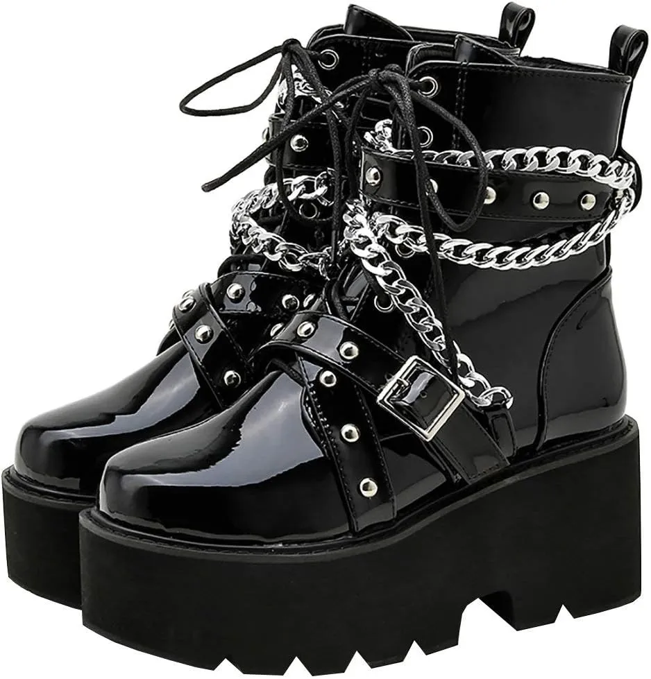 Parisuit Womens Goth Patent Ankle Boots Platform Chunky High Heel Lace Up Combat Boots Punk Short Booties
