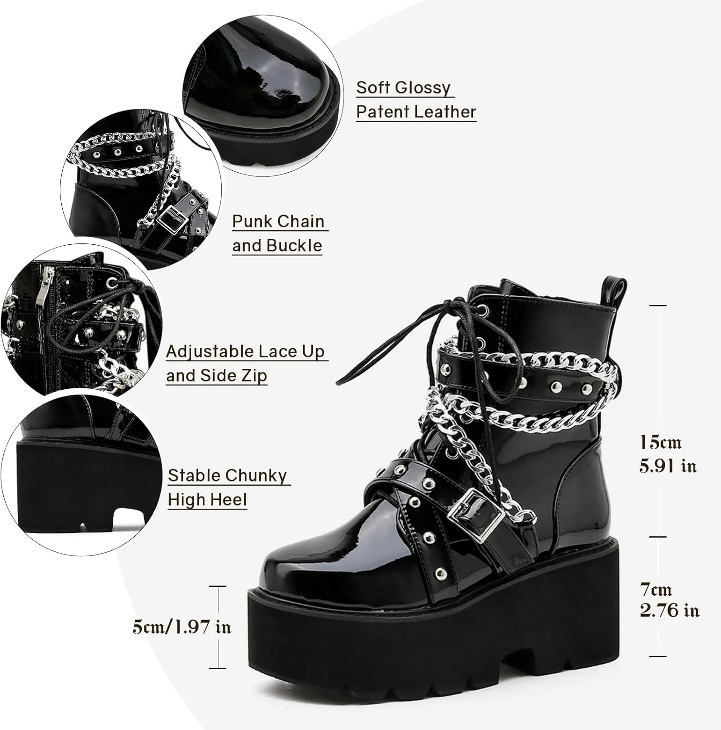 Parisuit Womens Goth Patent Ankle Boots Platform Chunky High Heel Lace Up Combat Boots Punk Short Booties