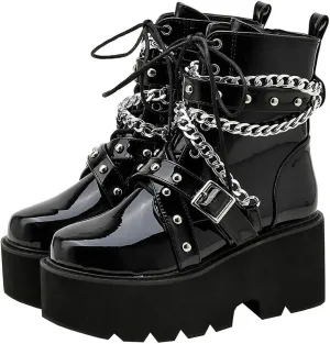 Parisuit Womens Goth Patent Ankle Boots Platform Chunky High Heel Lace Up Combat Boots Punk Short Booties