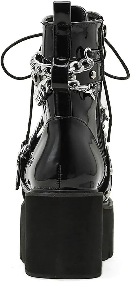 Parisuit Womens Goth Patent Ankle Boots Platform Chunky High Heel Lace Up Combat Boots Punk Short Booties