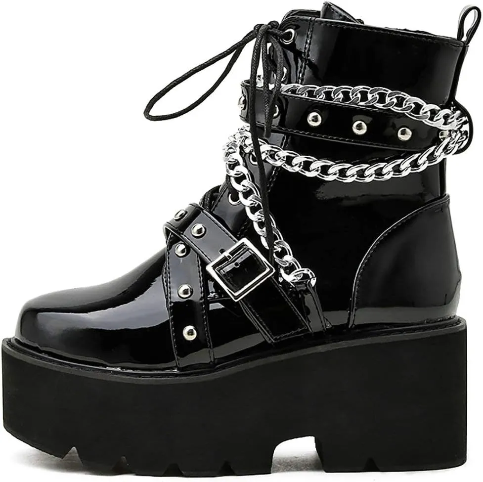 Parisuit Womens Goth Patent Ankle Boots Platform Chunky High Heel Lace Up Combat Boots Punk Short Booties