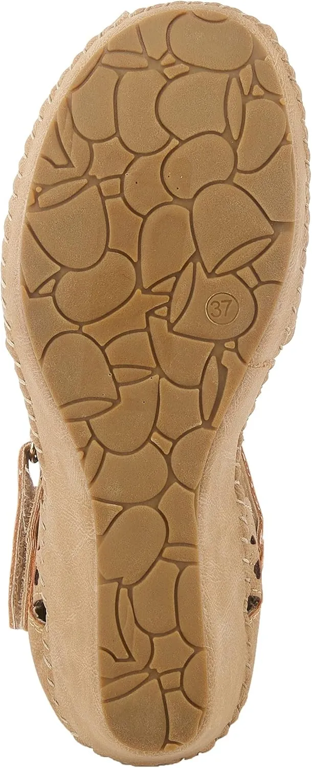 PATRIZIA Spring Step Gennina Wedge Sandals for Womens - Laser Cut Ladies Sandals with Embroidery - Hook and Loop Closure Womens Sandals