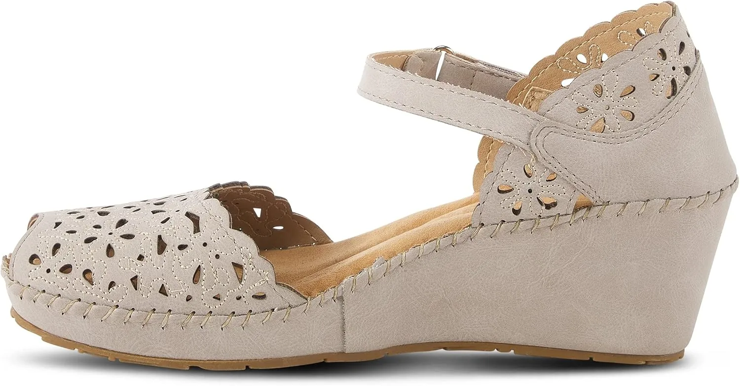 PATRIZIA Spring Step Gennina Wedge Sandals for Womens - Laser Cut Ladies Sandals with Embroidery - Hook and Loop Closure Womens Sandals