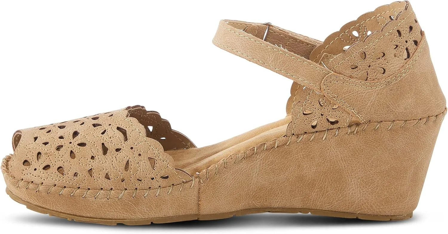 PATRIZIA Spring Step Gennina Wedge Sandals for Womens - Laser Cut Ladies Sandals with Embroidery - Hook and Loop Closure Womens Sandals