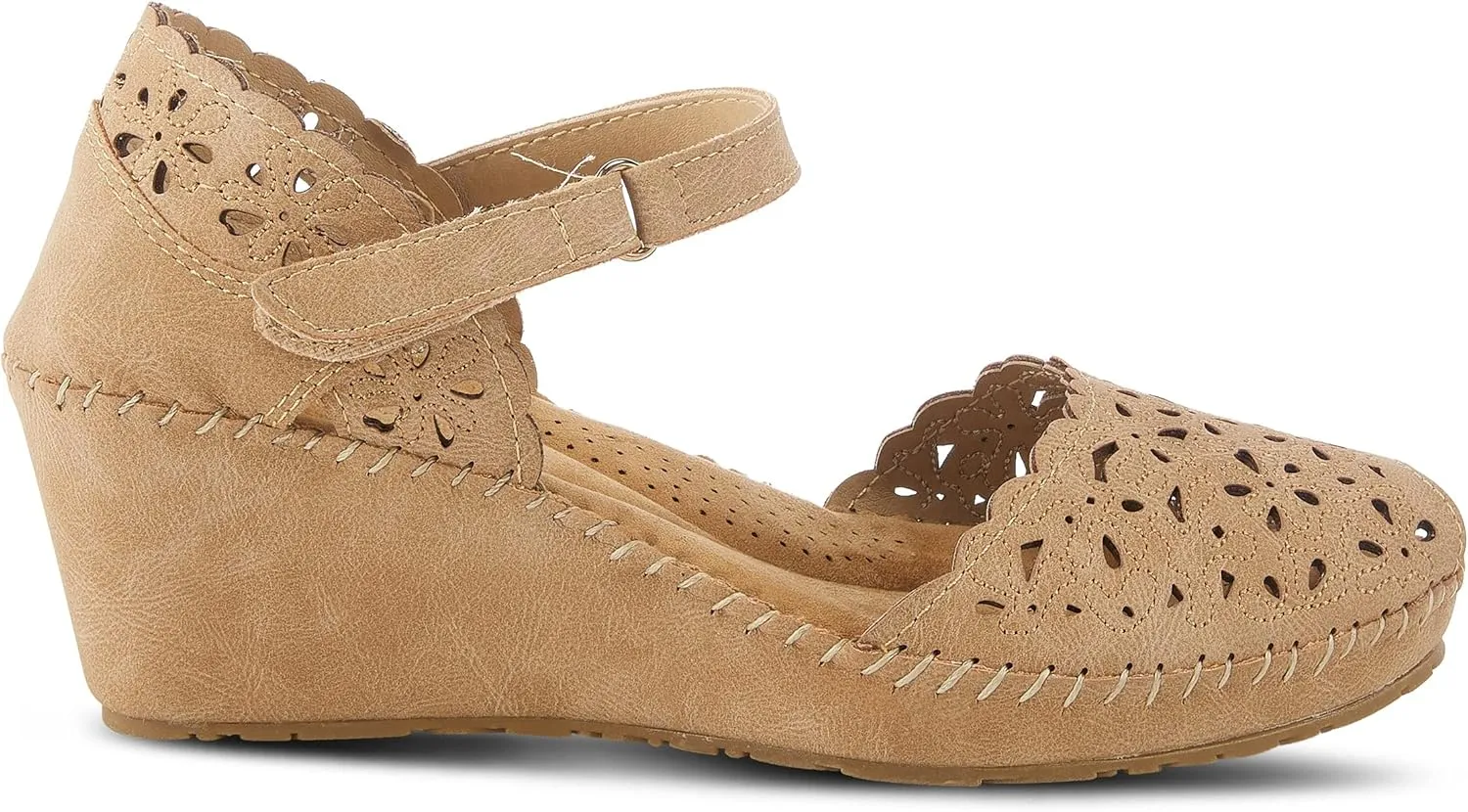 PATRIZIA Spring Step Gennina Wedge Sandals for Womens - Laser Cut Ladies Sandals with Embroidery - Hook and Loop Closure Womens Sandals
