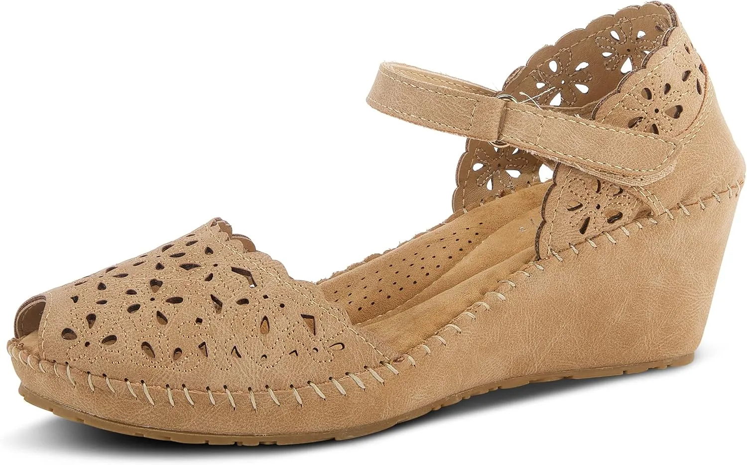 PATRIZIA Spring Step Gennina Wedge Sandals for Womens - Laser Cut Ladies Sandals with Embroidery - Hook and Loop Closure Womens Sandals