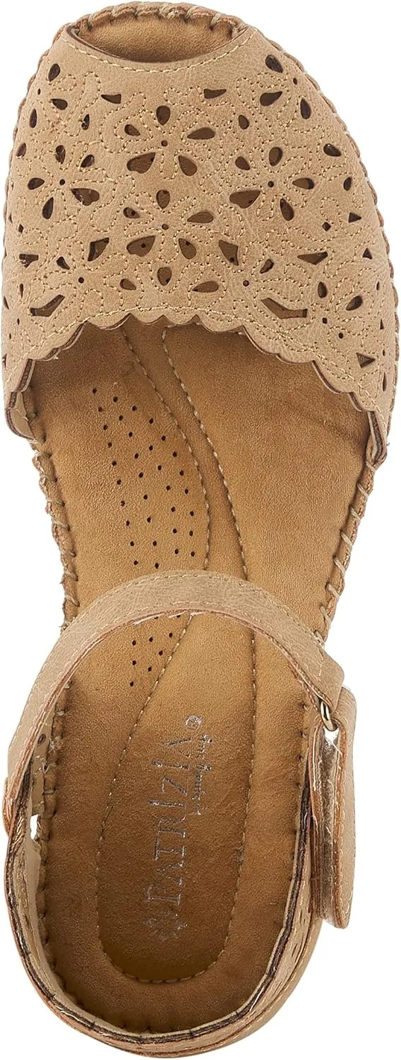 PATRIZIA Spring Step Gennina Wedge Sandals for Womens - Laser Cut Ladies Sandals with Embroidery - Hook and Loop Closure Womens Sandals