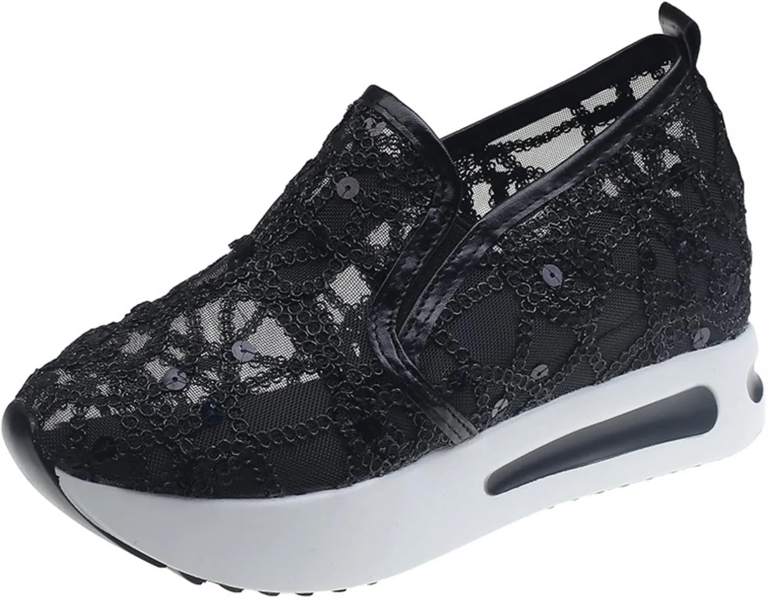 pearlzone Women Breathable Mesh Platform Slip ON Casual Flower Embroidered Mesh Air-Cushion Walking Sneakers
