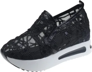 pearlzone Women Breathable Mesh Platform Slip ON Casual Flower Embroidered Mesh Air-Cushion Walking Sneakers