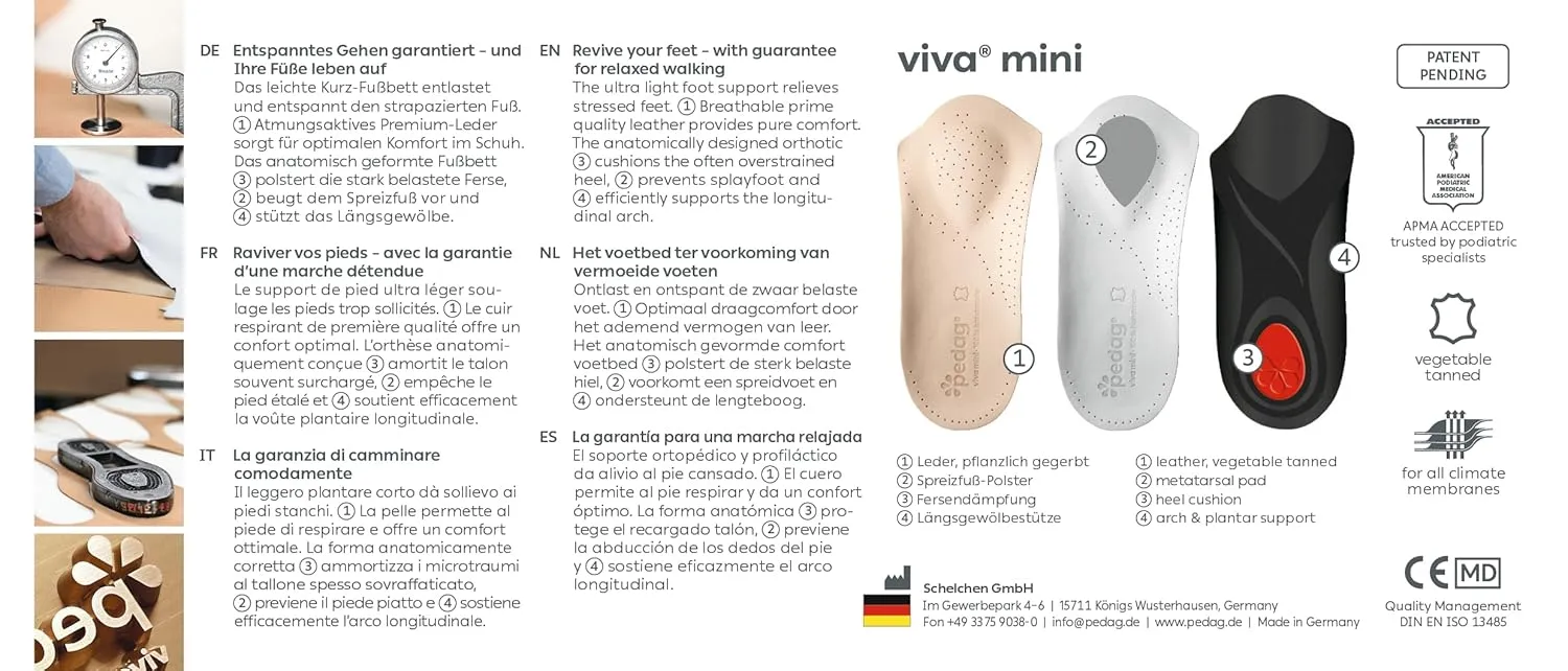 Pedag Viva Mini | 3/4 Leather Arch Support Inserts | Handmade in Germany | Plantar Fasciitis Relief | Heel Cushion | Activated Charcoal Odor Control | Metatarsal Support Pad | Black | Men US 10/EU 43