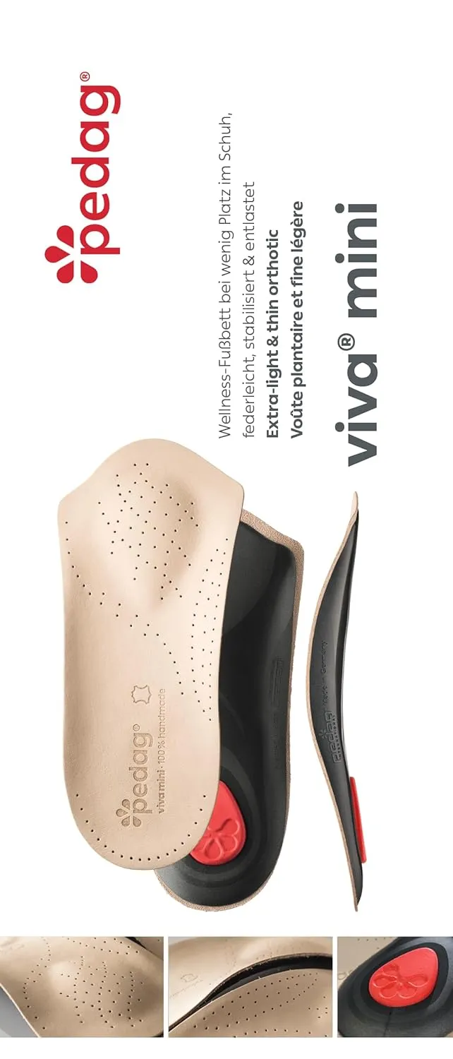 Pedag Viva Mini | 3/4 Leather Arch Support Inserts | Handmade in Germany | Plantar Fasciitis Relief | Heel Cushion | Activated Charcoal Odor Control | Metatarsal Support Pad | Black | Men US 10/EU 43