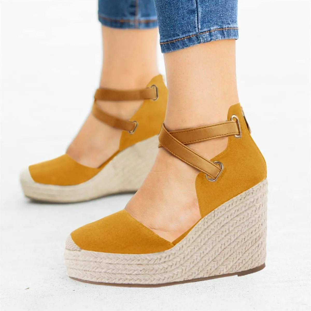 PiePieBuy Womens Wedge Espadrille Ankle Strap Closed Cap Toe Platform Heeled Sandals