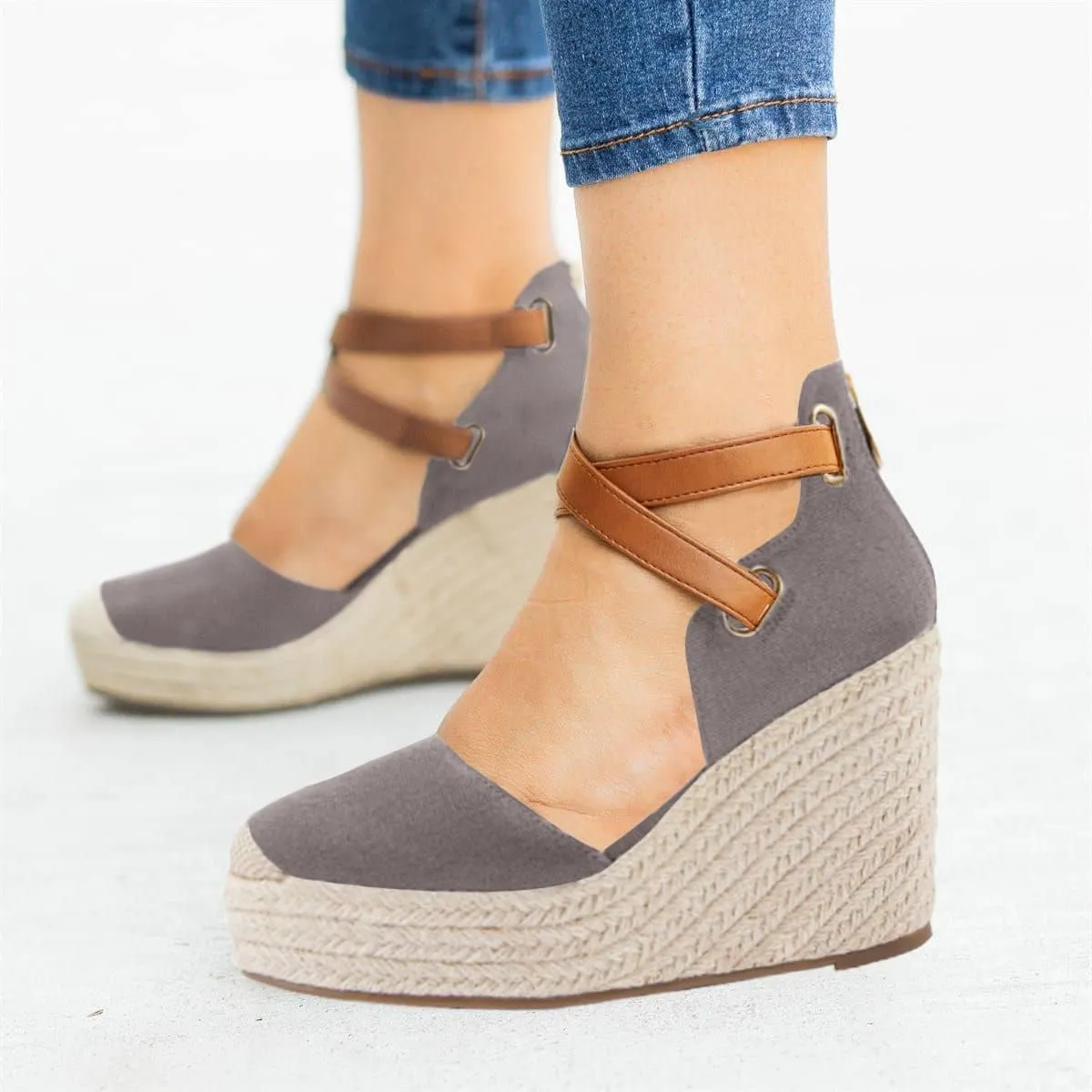 PiePieBuy Womens Wedge Espadrille Ankle Strap Closed Cap Toe Platform Heeled Sandals