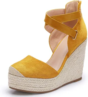 PiePieBuy Womens Wedge Espadrille Ankle Strap Closed Cap Toe Platform Heeled Sandals