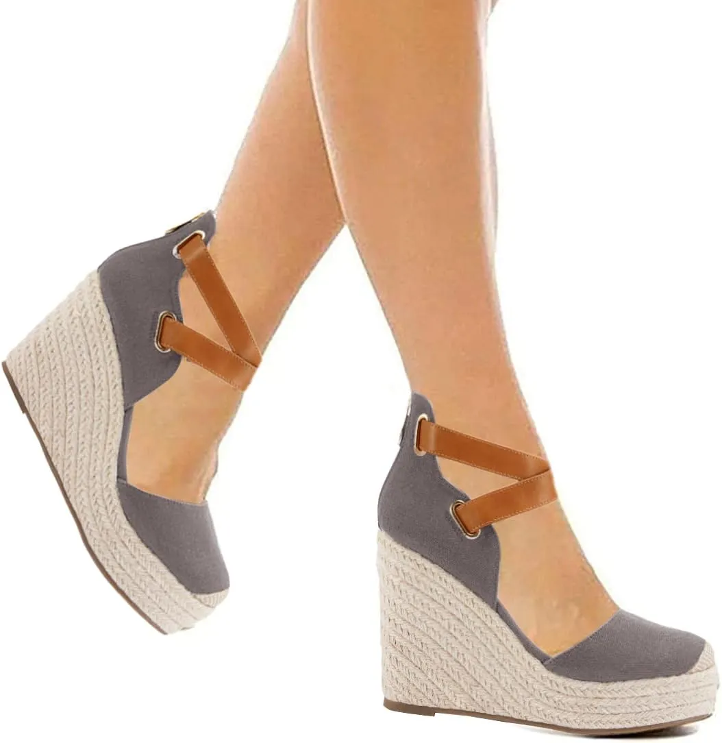PiePieBuy Womens Wedge Espadrille Ankle Strap Closed Cap Toe Platform Heeled Sandals