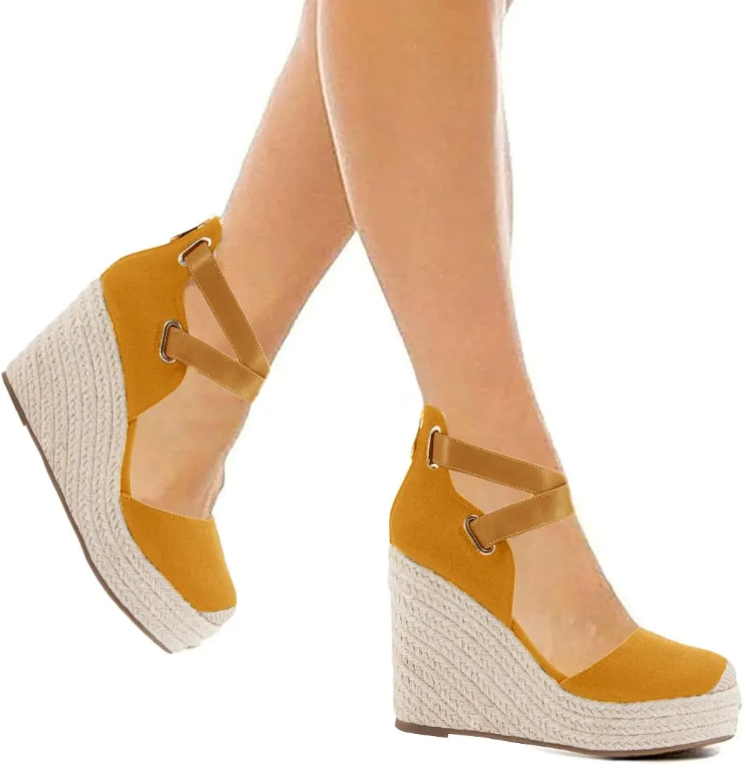 PiePieBuy Womens Wedge Espadrille Ankle Strap Closed Cap Toe Platform Heeled Sandals