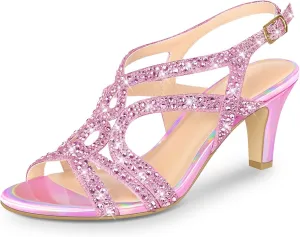 PIZZ ANNU Women's Amelia Heels Sandals Sparkle Crystal Open Toe Slingback High Heel Sandals Dress Pumps Shoes for Party Wedding