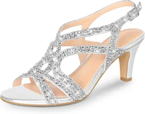 PIZZ ANNU Women's Amelia Heels Sandals Sparkle Crystal Open Toe Slingback High Heel Sandals Dress Pumps Shoes for Party Wedding